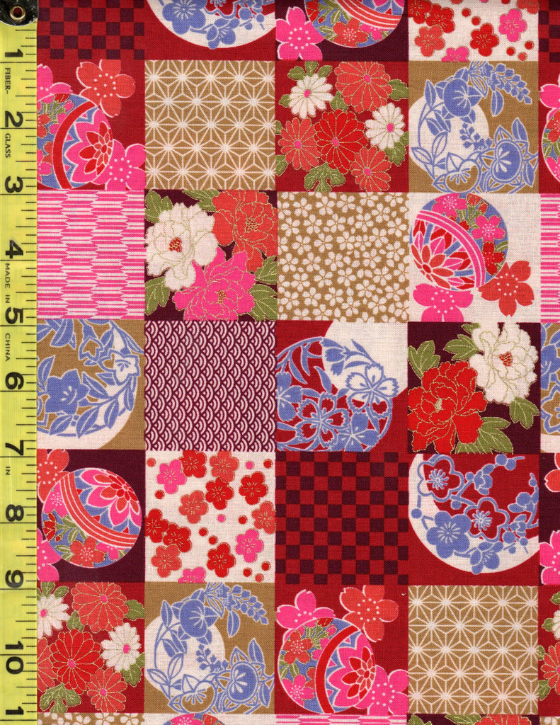 Japanese Novelty - Temari Balls & Floral Checkerboard Patchwork - U-7000 - Red, Tan & Pink - ON SALE - Save 30%