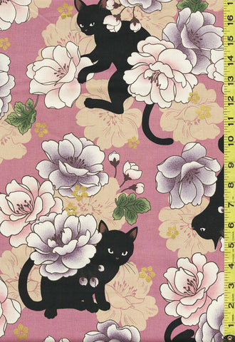 Quilt Gate - Neko Black Cat & Peonies - R3110-11I - Rosey Pink