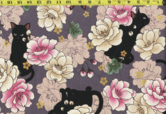 Quilt Gate - Neko Black Cat & Peonies - HR3110-11J - Plum (Soft Purple)
