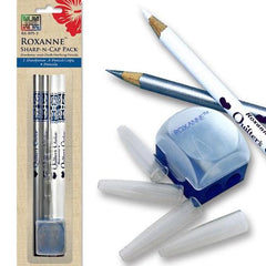 Notions -  Roxanne Quilter's Choice Marking Pencils-Sharp N Cap - 2 White, 2 Silver, Protective Caps & Sharpener