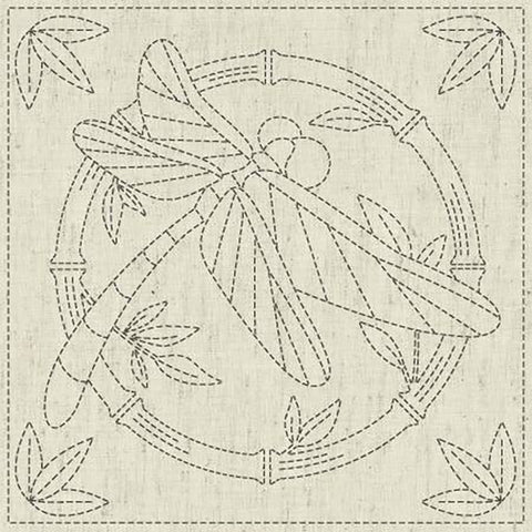 Sashiko Pre-printed Sampler - KF2021-22 - QH Textiles - SUMMERTIME (Dragonfly & Bamboo Circle) - Beige