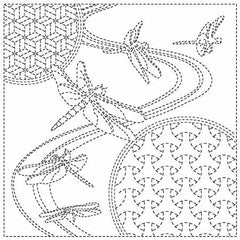 Sashiko Pre-printed Sampler - QH Textiles - SC2021-02W - Dragonflies and Bishamon - White
