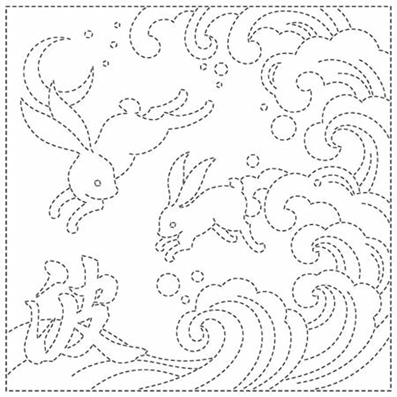 Sashiko Pre-printed Sampler - QH Textiles - ARA-NAMI - SC2021-15W - Bunnies over Waves - White