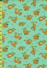 Japanese Novelty -Sloths Hanging from Branches - Cotton-Linen - AP02404-2C - Dark Mint Green
