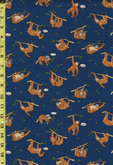 Japanese Novelty -Sloths Hanging from Branches - Cotton-Linen - AP02404-2E - Dark Blue