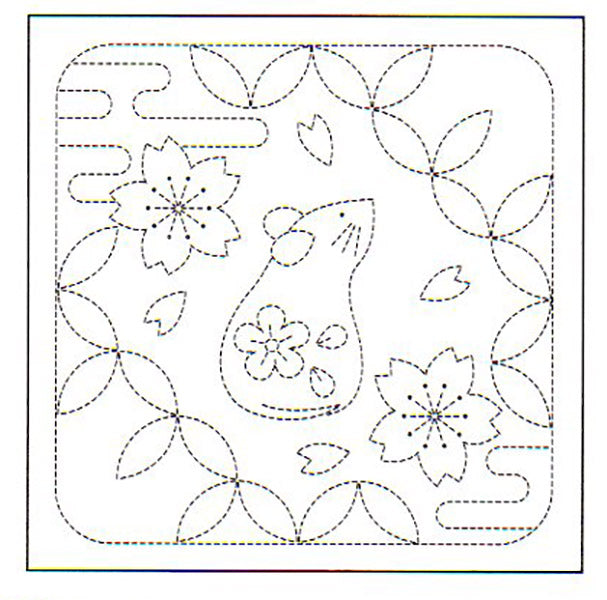 Sashiko Pre-printed Sampler - # 1072 Mouse & Cherry Blossoms - White