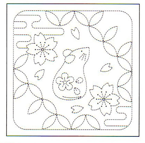 Sashiko Pre-printed Sampler - # 1072 Mouse & Cherry Blossoms - White