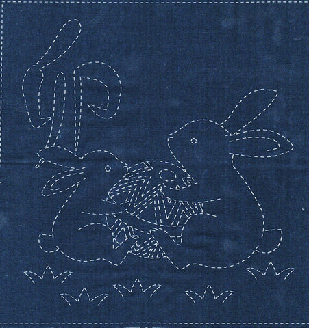 Sashiko Pre-printed Sampler - QH Textiles - SC0017-07 - Rabbits & Temari Ball - Navy