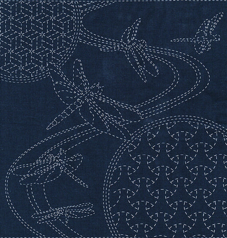Sashiko Pre-printed Sampler - QH Textiles - SC0017-02 - Dragonflies and Bishamon - Navy