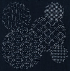 Sashiko Pre-printed Sampler - QH Textiles - SC0017-05 - Mixed Pattern Circles - Asanoha, Tumbling Blocks & Clamshell - Navy
