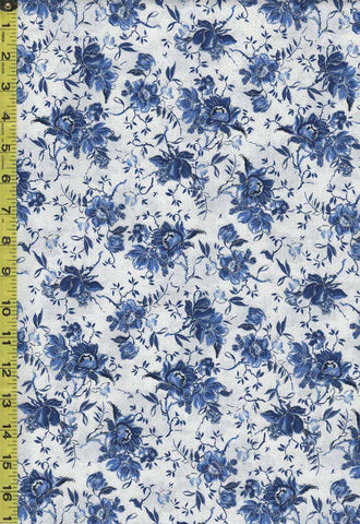 Floral - Silver Jubilee - Blue & White Floating Flowers - Silver Metallic - MASM2503-UW - White