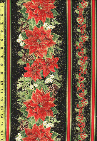 Holiday - Timeless Treasures - Poinsettia, Pine Cone & Berry Stripe - CM-8511 - Black - ON SALE - SAVE 30% - Last 2 1/2 yards