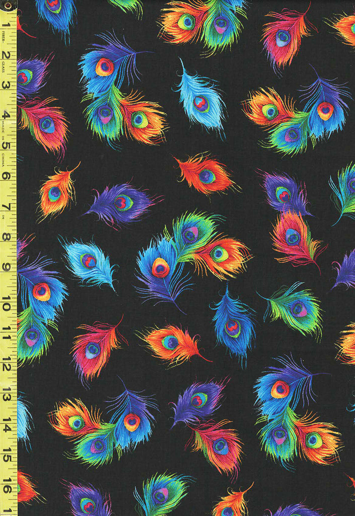 *Novelty - Timeless Treasures Colorful Peacock Feathers - Plume-C8413 - Black - ON SALE - SAVE 30% - By the Yard