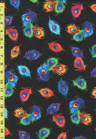 *Novelty - Timeless Treasures Colorful Peacock Feathers - Plume-C8413 - Black - ON SALE - SAVE 30% - By the Yard