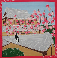 Furoshiki  - Tama Cat on Roof with Plum Blossoms