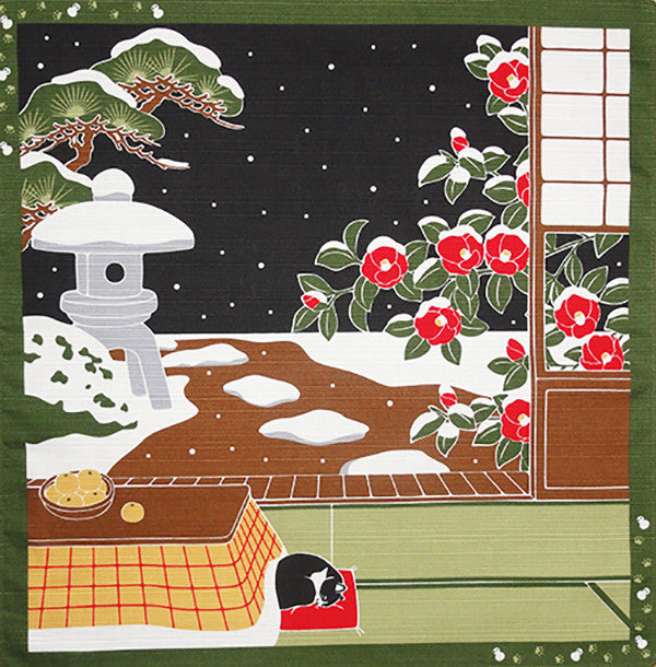 Furoshiki  - Japanese Wrapping Cloth - Tama Cat and Snowy Night