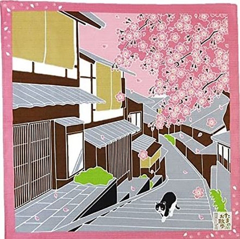 Furoshiki - Japanese Wrapping Cloth - Tama Cat out for a Walk - Pink
