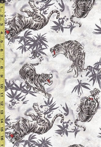 Japanese - Hokkoh Tigers, Waves & Bamboo - Dobby Weave - 1021-120-1A - White