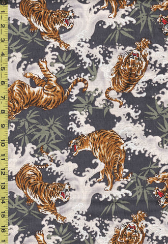 Japanese - Hokkoh Tigers, Waves & Bamboo - Dobby Weave - 1021-120-1C - Gray