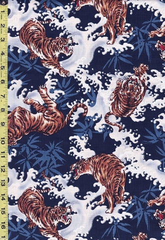 Japanese - Hokkoh Tigers, Waves & Bamboo - Dobby Weave - 1021-120-1D - Navy