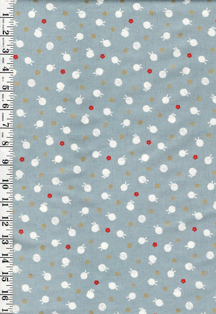 Quilt Gate - Usagi Collection - Tiny Floating Bunnies & Plum Blossoms - HR3420-11C - Soft Blue Gray