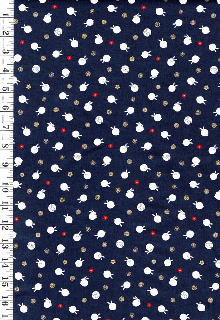 Quilt Gate - Usagi Collection - Tiny Floating Bunnies & Plum Blossoms - HR3420-11E - Navy - Last 1 7/8 yards