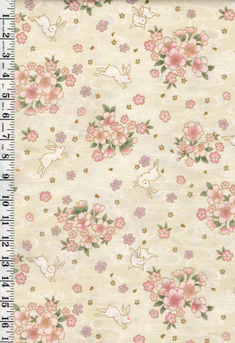 *Quilt Gate - Usagi Collection - Bunnies, Blossoms & River Swirls - HR3420-12A- Cream