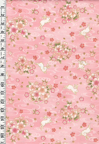 Quilt Gate - Usagi Collection - Bunnies, Blossoms & River Swirls - HR3420-12B-Pink