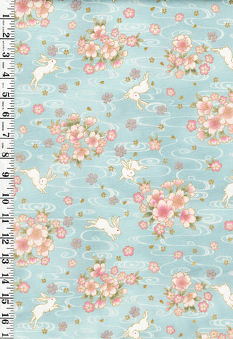 Quilt Gate - Usagi Collection - Bunnies, Blossoms & River Swirls - HR3420-12C-Blue