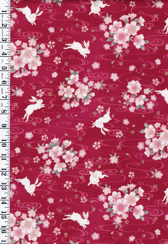 *Quilt Gate - Usagi Collection - Bunnies, Blossoms & River Swirls - HR3420-12D - Rosey Red