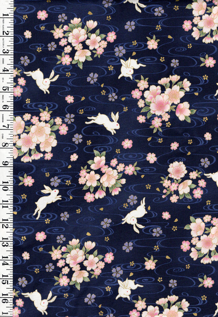 Quilt Gate - Usagi Collection - Bunnies, Blossoms & River Swirls - HR3420-12E - Navy