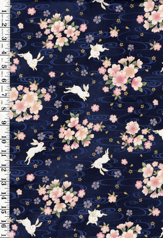*Quilt Gate - Usagi Collection - Bunnies, Blossoms & River Swirls - HR3420-12E - Navy