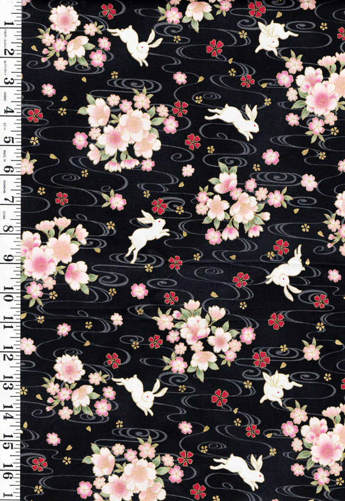 Quilt Gate - Usagi Collection - Bunnies, Blossoms & River Swirls - HR3420-12F - Black