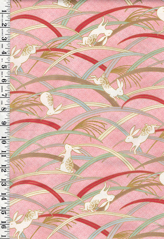 Quilt Gate - Usagi Collection - Playful Bunnies & Colorful Grasses - HR3420-13B - Pink