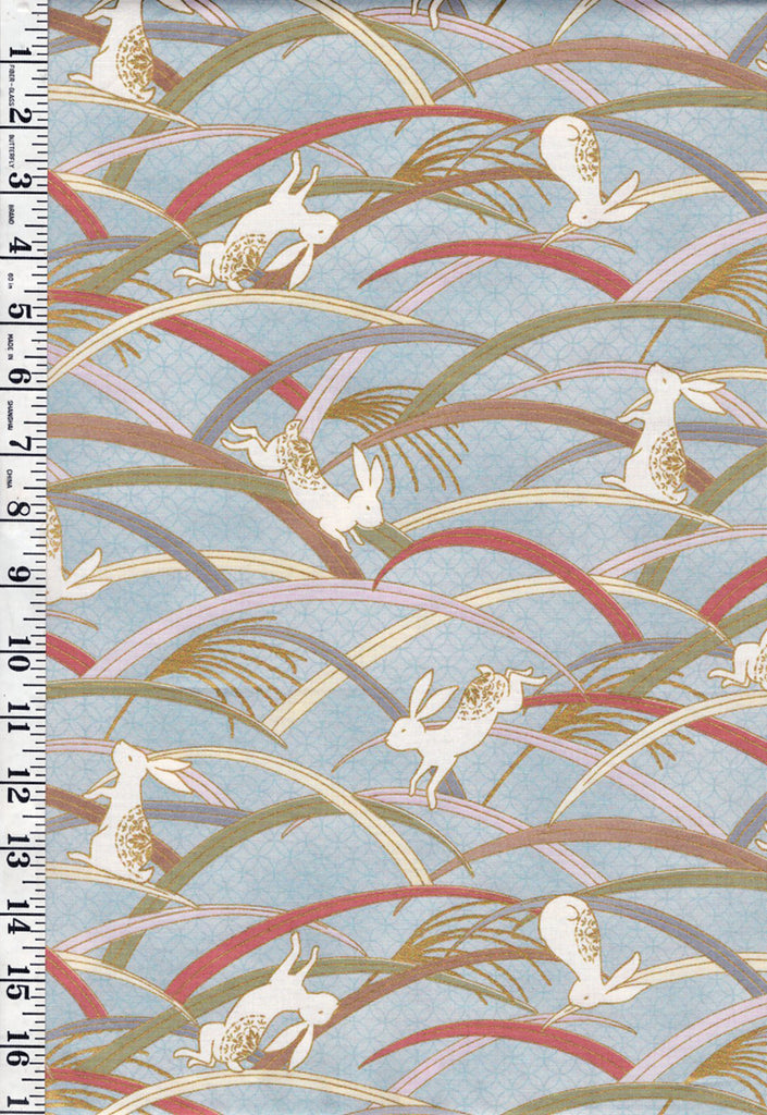 *Quilt Gate - Usagi Collection - Playful Bunnies & Colorful Grasses - HR3420-13C - Blue