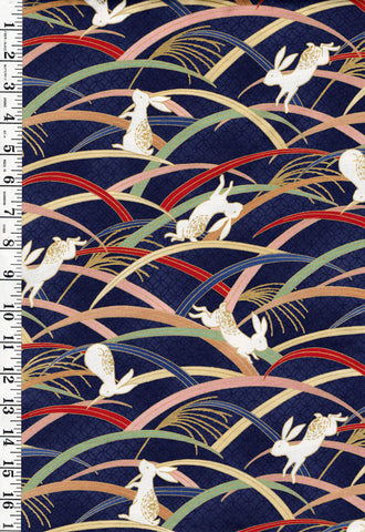 *Quilt Gate - Usagi Collection - Playful Bunnies & Colorful Grasses - HR3420-13E - Navy