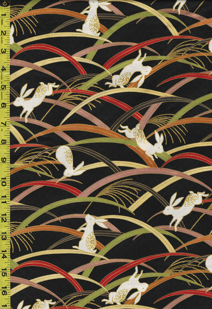 Quilt Gate - Usagi Collection - Playful Bunnies & Colorful Grasses - HR3420-13F - Black