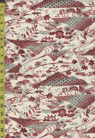 805 - Japanese Wool - Scenic Mountains & Plum Blossoms - Cream, Maroon & Grey