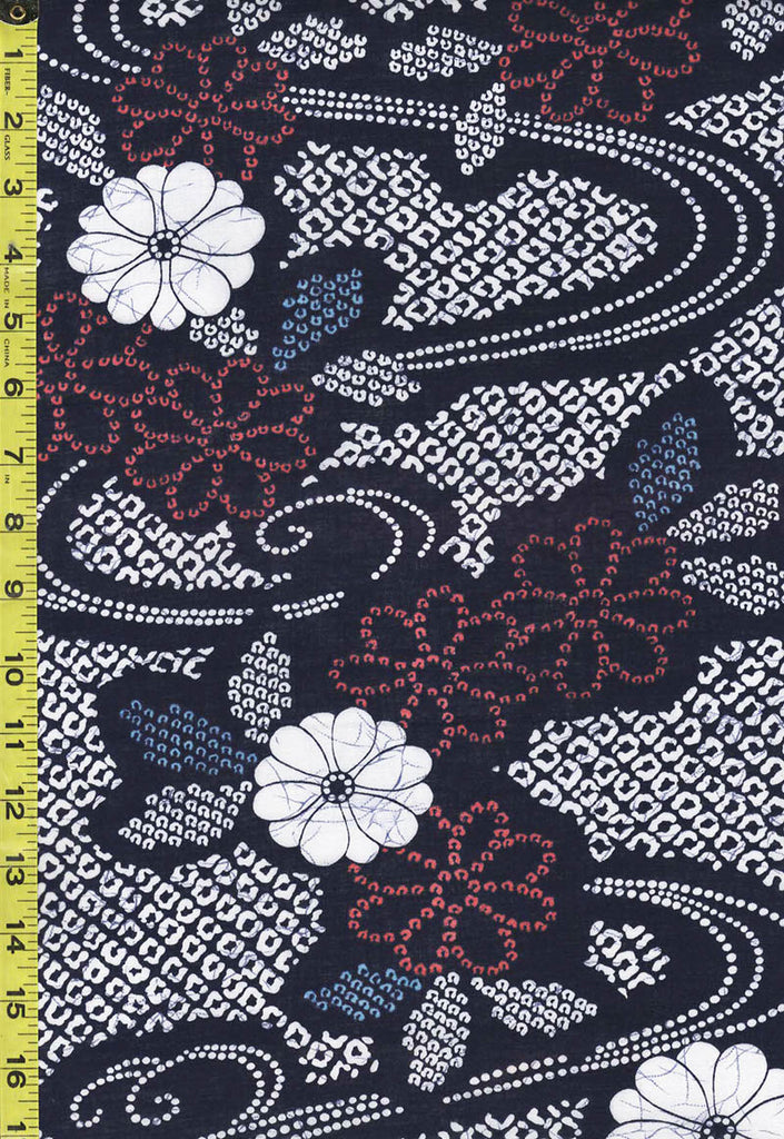 Yukata Fabric - 202 - Shibori-Look Daisies & Water Swirls - Indigo & White