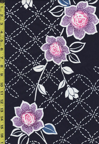 Yukata Fabric - 205 - Sashiko-Like Stitches (Seven Treasures Design) & Roses- Indigo