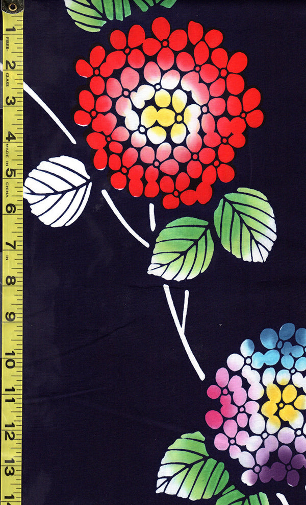 Yukata Fabric - 088 - Colorful Hydrangea - Dark Indigo (almost reads black)