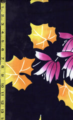 Yukata Fabric - 514 - Purple Orchid Flowers with Golden Yellow Leaves - Dark Navy