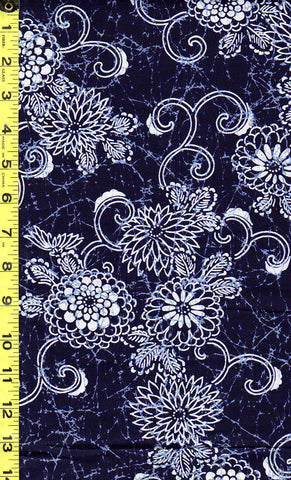 Yukata Fabric - 523 - Mums & Swirly Scroll - Indigo