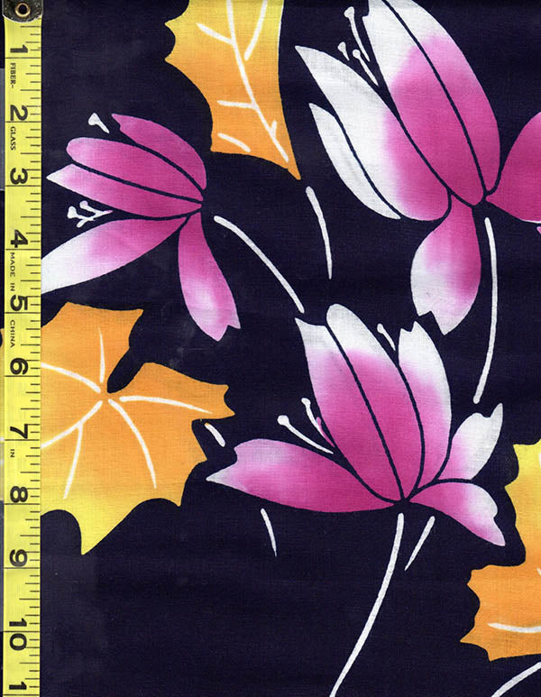 Yukata Fabric - 514 - Purple Orchid Flowers with Golden Yellow Leaves - Dark Navy