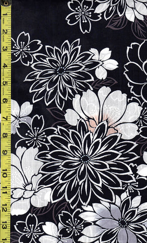 Yukata Fabric - 503 - Mums, Peonies & Cherry Blossoms - Dark Indigo (almost reads black)