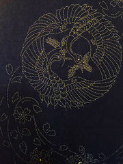 Sashiko Pre-printed Panel - HM-02 - Circling Cranes & Cherry Blossoms - Dark Navy-Indigo