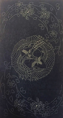 Sashiko Pre-printed Panel - HM-02 - Circling Cranes & Cherry Blossoms - Dark Navy