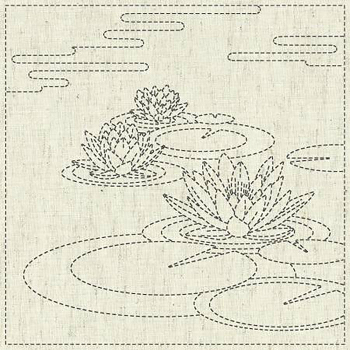 Sashiko Pre-printed Sampler - KF2020-17 - QH Textiles - WATER LILY & Pond Ripples - Beige